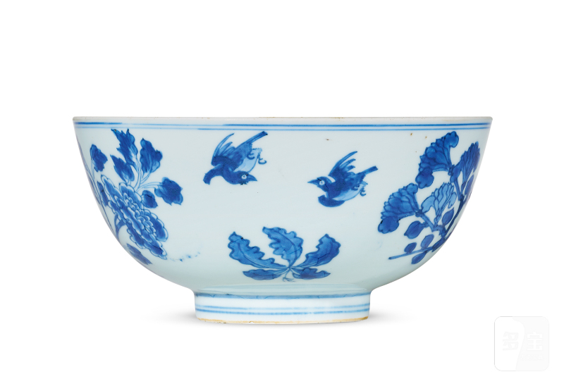 清康熙 青花洞石花鸟纹大碗 - 图1